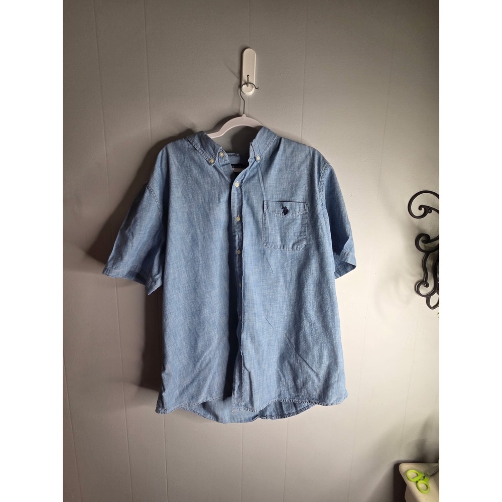 US Polo Assn Mens 2XL Light Blue Chambray Short Sleeve Button Down Shirt 2066